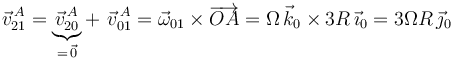 
\vec{v}^{\, A}_{21}=\underbrace{\vec{v}^{\, A}_{20}}_{=\,\vec{0}}+\,\,\vec{v}^{\, A}_{01}=\vec{\omega}_{01}\times\overrightarrow{OA}=\Omega\,\vec{k}_0\times 3R\,\vec{\imath}_0=3\Omega R\,\vec{\jmath}_0
