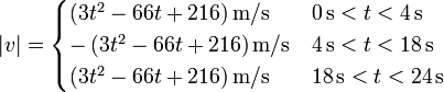 |v| = \begin{cases} \left(3t^2-66t+216\right)\mathrm{m}/\mathrm{s} & 0\,\mathrm{s} < t < 4\,\mathrm{s} \\ -\left(3t^2-66t+216\right)\mathrm{m}/\mathrm{s} & 4\,\mathrm{s} < t < 18\,\mathrm{s} \\ \left(3t^2-66t+216\right)\mathrm{m}/\mathrm{s} & 18\,\mathrm{s} < t < 24\,\mathrm{s}\end{cases}