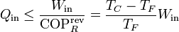 Q_\mathrm{in}\leq \frac{W_\mathrm{in}}{\mathrm{COP}_R^\mathrm{rev}} = \frac{T_C-T_F}{T_F}W_\mathrm{in}