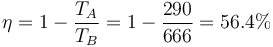 \eta = 1 - \frac{T_A}{T_B}= 1- \frac{290}{666}=56.4\%