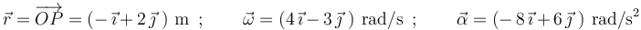 
\vec{r}=\overrightarrow{OP}=(-\,\vec{\imath}\,+\,2\,\vec{\jmath}\,\,)\,\,\mathrm{m}\,\,\,;\,\,\,\,\,\,\,\,\,\,\,\,
\vec{\omega}=(4\,\vec{\imath}\,-\,3\,\vec{\jmath}\,\,)\,\,\mathrm{rad}/\mathrm{s}\,\,\,;\,\,\,\,\,\,\,\,\,\,\,\,
\vec{\alpha}=(-\,8\,\vec{\imath}\,+\,6\,\vec{\jmath}\,\,)\,\,\mathrm{rad}/\mathrm{s}^2
