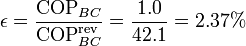 \epsilon = \frac{\mathrm{COP}_{BC}}{\mathrm{COP}^\mathrm{rev}_{BC}}=\frac{1.0}{42.1} = 2.37\%