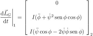 
\left.\dfrac{\mathrm{d}\vec{L}_G}{\mathrm{d}t}\right|_1 
=
\left[
\begin{array}{ccc}
0\\
\\
I(\ddot{\phi} + \dot{\psi}^2\,\mathrm{sen}\,\phi\cos\phi) \\
\\
I(\ddot{\psi}\cos\phi - 2\dot{\psi}\dot{\phi}\,\mathrm{sen}\,\phi)
\end{array}
\right]_2
