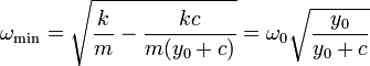 \omega_\mathrm{min}=\sqrt{\frac{k}{m}-\frac{kc}{m(y_0+c)}}=\omega_0\sqrt{\frac{y_0}{y_0+c}}