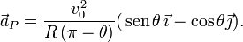 
  \vec{a}_P = \dfrac{v_0^2}{R\,(\pi-\theta)}(\,\mathrm{sen}\,\theta\,\vec{\imath}-\cos\theta\vec{\jmath}).
