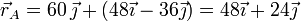 \vec{r}_A = 60\,\vec{\jmath}+(48\vec{\imath}-36\vec{\jmath}) = 48\vec{\imath}+24\vec{\jmath}