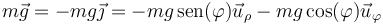 m\vec{g}=-mg\vec{\jmath} = -mg\,\mathrm{sen}(\varphi)\vec{u}_\rho-mg\cos(\varphi)\vec{u}_\varphi