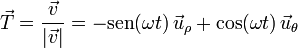 \vec{T}=\frac{\vec{v}}{|\vec{v}|}=-\mathrm{sen}(\omega t)\,\vec{u}_{\rho}+\cos(\omega t)\,\vec{u}_{\theta}