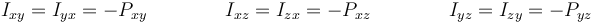 I_{xy}=I_{yx}=-P_{xy}\qquad\qquad I_{xz}=I_{zx}=-P_{xz}\qquad\qquad I_{yz}=I_{zy}=-P_{yz}