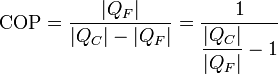 \mathrm{COP} = \frac{|Q_F|}{|Q_C|-|Q_F|} = \frac{1}{\displaystyle\frac{|Q_C|}{|Q_F|}-1}