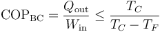 \mathrm{COP}_\mathrm{BC}=\frac{Q_\mathrm{out}}{W_\mathrm{in}}\leq \frac{T_C}{T_C-T_F}