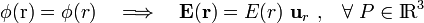 \phi(\mathrm{r})=\phi(r)\quad \Longrightarrow\quad \mathbf{E}(\mathbf{r})=E(r)\ \mathbf{u}_r\ \mathrm{,}\quad\forall\ P\in \mathrm{I}\!\mathrm{R}^3