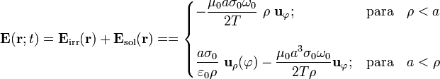 \mathbf{E}(\mathbf{r};t)=\mathbf{E}_\mathrm{irr}(\mathbf{r})+\mathbf{E}_\mathrm{sol}(\mathbf{r})==\begin{cases}\displaystyle-\frac{\mu_0a\sigma_0\omega_0}{2T}\ \rho\ \mathbf{u}_\varphi\mathrm{;}&\mathrm{para}\quad \rho<a\\ \\
\displaystyle\frac{a\sigma_0}{\varepsilon_0 \rho}\ \mathbf{u}_\rho(\varphi)-\frac{\mu_0a^3\sigma_0\omega_0}{2T \rho}\mathbf{u}_\varphi\mathrm{;}&\mathrm{para}\quad a<\rho
\end{cases}