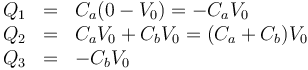 \begin{array}{rcl}
Q_1 & = & C_a(0-V_0) =-C_aV_0 \\
Q_2 & = & C_aV_0 + C_bV_0 = (C_a+C_b)V_0 \\
Q_3 & = & -C_bV_0
\end{array}