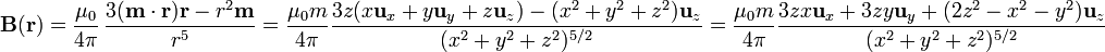 \mathbf{B}(\mathbf{r})=\frac{\mu_0}{4\pi}\,\frac{3(\mathbf{m}\cdot\mathbf{r})\mathbf{r}-r^2\mathbf{m}}{r^5}=
\frac{\mu_0m}{4\pi}\frac{3z(x\mathbf{u}_x+y\mathbf{u}_y+z\mathbf{u}_z)-(x^2+y^2+z^2)\mathbf{u}_z}{(x^2+y^2+z^2)^{5/2}}=\frac{\mu_0m}{4\pi}\frac{3zx\mathbf{u}_x+3zy\mathbf{u}_y+(2z^2-x^2-y^2)\mathbf{u}_z}{(x^2+y^2+z^2)^{5/2}}