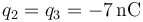q_2=q_3=-7\,\mathrm{nC}