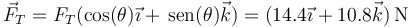 \vec{F}_T=F_T(\cos(\theta)\vec{\imath}+\,\mathrm{sen}(\theta)\vec{k})=(14.4\vec{\imath}+10.8\vec{k})\,\mathrm{N}