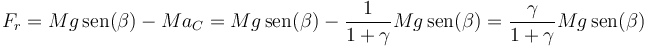 F_r = Mg\,\mathrm{sen}(\beta)-Ma_C = Mg\,\mathrm{sen}(\beta)-\frac{1}{1+\gamma}Mg\,\mathrm{sen}(\beta) = \frac{\gamma}{1+\gamma}Mg\,\mathrm{sen}(\beta)