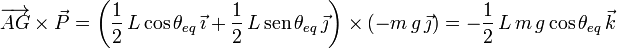 
\overrightarrow{AG}\times\vec{P} = \left(\dfrac{1}{2}\,L\cos{\theta_{eq}}\,\vec{\imath} + \dfrac{1}{2}\,L\,\mathrm{sen}\,\theta_{eq}\,\vec{\jmath}\right)\times(-m\,g\,\vec{\jmath})
=-\dfrac{1}{2}\,L\,m\,g\cos\theta_{eq}\,\vec{k}
