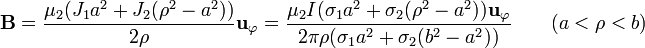 \mathbf{B} = \frac{\mu_2(J_1 a^2 + J_2(\rho^2-a^2))}{2\rho}\mathbf{u}_{\varphi}=
\frac{\mu_2 I (\sigma_1 a^2 + \sigma_2(\rho^2-a^2))\mathbf{u}_{\varphi}}{2\pi\rho(\sigma_1
a^2+\sigma_2(b^2-a^2))}\qquad (a<\rho<b)
