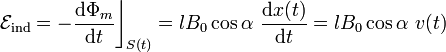 \mathcal{E}_\mathrm{ind}=-\frac{\mathrm{d}\Phi_m}{\mathrm{d}t}\bigg\rfloor_{S(t)}=lB_0\cos\alpha\ \frac{\mathrm{d}x(t)}{\mathrm{d}t}=lB_0\cos\alpha\ v(t)