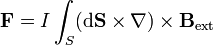 \mathbf{F}= I\int_S (\mathrm{d}\mathbf{S}\times\nabla)\times\mathbf{B}_\mathrm{ext}