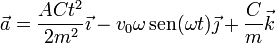 \vec{a}=\frac{AC t^2}{2m^2}\vec{\imath}-v_0\omega\,\mathrm{sen}(\omega t)\vec{\jmath}+\frac{C}{m}\vec{k}