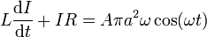 L\frac{\mathrm{d}I}{\mathrm{d}t}+IR=A\pi a^2\omega\cos(\omega t)