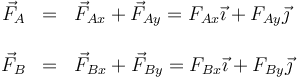 \begin{array}{rcl}\vec{F}_A & = & \vec{F}_{Ax}+\vec{F}_{Ay} = F_{Ax}\vec{\imath}+F_{Ay}\vec{\jmath}\\ && \\ \vec{F}_B& =& \vec{F}_{Bx}+\vec{F}_{By} =F_{Bx}\vec{\imath}+F_{By}\vec{\jmath}\end{array}