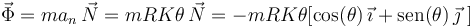 
\vec{\Phi}=ma_n\,\vec{N}=mRK\theta\,\vec{N}=-mRK\theta[\mathrm{cos}(\theta)\,\vec{\imath}+\mathrm{sen}(\theta)\,\vec{\jmath}\,\,]
