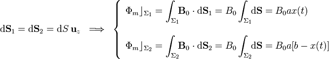 \mathrm{d} \mathbf{S}_1=\mathrm{d} \mathbf{S}_2=\mathrm{d}S\  \mathbf{u}_z\;\;\Longrightarrow\;\;\left\{\begin{array}{l}\displaystyle
\Phi_m\rfloor_{\Sigma_1}=\int_{\Sigma_1}\!\!\mathbf{B}_0\cdot\mathrm{d}
\mathbf{S}_1=B_0\int_{\Sigma_1}\!\!\mathrm{d}
\mathbf{S}=B_0 a x(t) \\ \\ \displaystyle\Phi_m\rfloor_{\Sigma_2}=\int_{\Sigma_2}\!\!\mathbf{B}_0\cdot\mathrm{d}
\mathbf{S}_2=B_0\int_{\Sigma_2}\!\!\mathrm{d}
\mathbf{S}=B_0 a [b-x(t)]
\end{array}\right.
