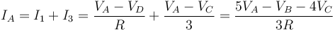 I_A = I_1+I_3=\frac{V_A-V_D}{R}+\frac{V_A-V_C}{3}=\frac{5V_A-V_B-4V_C}{3R}