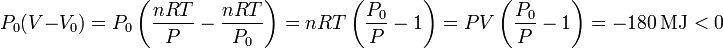 
P_0(V-V_0)=P_0\left(\frac{nRT}{P} -\frac{nRT}{P_0}\right)=
nRT\left(\frac{P_0}{P} -1\right)=PV\left(\frac{P_0}{P} -1\right)=
-180\,\mathrm{MJ}<0
