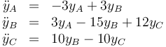 \begin{array}{rcl}
\ddot{y}_A&=&-3y_A+3y_B\\
\ddot{y}_B&=&3y_A-15y_B+12y_C\\
\ddot{y}_C&=&10y_B-10y_C
\end{array}