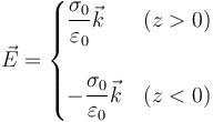 \vec{E}=\begin{cases}\dfrac{\sigma_0}{\varepsilon_0}\vec{k} & (z>0) \\ & \\  -\dfrac{\sigma_0}{\varepsilon_0}\vec{k} & (z<0) \end{cases}