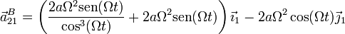 \vec{a}^B_{21}= \left(\frac{2a\Omega^2\mathrm{sen}(\Omega t)}{\cos^3(\Omega t)}+2a\Omega^2\mathrm{sen}(\Omega t)\right)\vec{\imath}_1-2a\Omega^2\cos(\Omega t)\vec{\jmath}_1