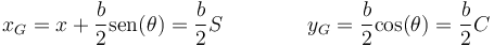 x_G=x+\frac{b}{2}\mathrm{sen}(\theta)=\frac{b}{2}S\qquad\qquad y_G=\frac{b}{2}\mathrm{cos}(\theta)=\frac{b}{2}C