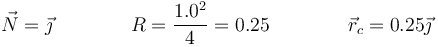 \vec{N}=\vec{\jmath}\qquad\qquad R=\frac{1.0^2}{4}=0.25\qquad\qquad \vec{r}_c=0.25\vec{\jmath}