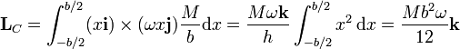 \mathbf{L}_C=\int_{-b/2}^{b/2}(x\mathbf{i})\times(\omega x\mathbf{j})\frac{M}{b}\mathrm{d}x=\frac{M\omega\mathbf{k}}{h}\int_{-b/2}^{b/2}x^2\,\mathrm{d}x=\frac{Mb^2\omega}{12}\mathbf{k}