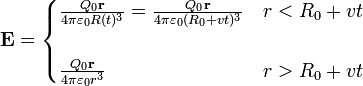 \mathbf{E} = \begin{cases}\frac{Q_0\mathbf{r}}{4\pi\varepsilon_0 R(t)^3}= \frac{Q_0\mathbf{r}}{4\pi\varepsilon_0 (R_0+vt)^3} & r<R_0+vt \\ & \\ \frac{Q_0\mathbf{r}}{4\pi\varepsilon_0 r^3} & r>R_0+vt\end{cases}