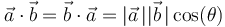 \vec{a}\cdot\vec{b}=\vec{b}\cdot\vec{a}=|\vec{a}\,||\vec{b}\,|\,\mathrm{cos}(\theta)\,