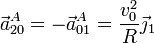 \vec{a}^A_{20}=-\vec{a}^A_{01}=\frac{v_0^2}{R}\vec{\jmath}_1