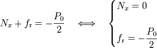 N_x+f_\mathrm{r}=-\frac{P_0}{2}\quad\Longleftrightarrow\quad\begin{cases}\displaystyle N_x=0\\ \\ \displaystyle f_\mathrm{r}=-\frac{P_0}{2}\end{cases}