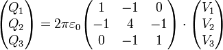 \begin{pmatrix}Q_1 \\ Q_2 \\ Q_3\end{pmatrix} = 2\pi\varepsilon_0\begin{pmatrix}1 & -1 & 0 \\ -1 & 4 & -1 \\ 0 & -1 & 1\end{pmatrix}\cdot\begin{pmatrix}V_1 \\ V_2 \\ V_3\end{pmatrix}