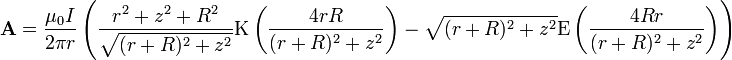 \mathbf{A}=\frac{\mu_0I}{2\pi r}\left(\frac{r^2+z^2+R^2}{\sqrt{(r+R)^2+z^2}}\mathrm{K}\left(\frac{4 rR}{(r+R)^2+z^2}\right)-\sqrt{(r+R)^2+z^2}\mathrm{E}\left(\frac{4Rr}{(r+R)^2+z^2}\right)\right)