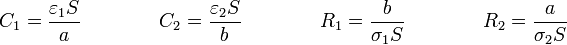 C_1 = \frac{\varepsilon_1 S}{a}\qquad\qquad C_2 = \frac{\varepsilon_2 S}{b}\qquad\qquad R_1 = \frac{b}{\sigma_1 S}\qquad\qquad R_2 = \frac{a}{\sigma_2 S}
