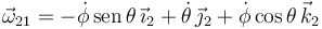 
\vec{\omega}_{21} = -\dot{\phi}\,\mathrm{sen}\,\theta\,\vec{\imath}_2 + \dot{\theta}\,\vec{\jmath}_2 + \dot{\phi}\cos\theta\,\vec{k}_2
