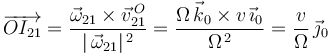 
\overrightarrow{OI_{21}}=\frac{\vec{\omega}_{21}\times\vec{v}^{\, O}_{21}}{|\,\vec{\omega}_{21}|^{\, 2}}=\frac{\Omega\,\vec{k}_0\times v\,\vec{\imath}_0}{\Omega^{\, 2}}=\frac{v}{\Omega}\,\vec{\jmath}_0
