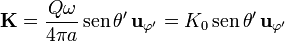 \mathbf{K}=\frac{Q\omega}{4\pi a}\,\mathrm{sen}\,\theta'\,\mathbf{u}_{\varphi'}=K_0\,\mathrm{sen}\,\theta'\,\mathbf{u}_{\varphi'}