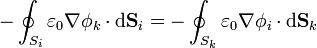 -\oint_{S_i}\varepsilon_0\nabla\phi_k\cdot\mathrm{d}\mathbf{S}_i=-\oint_{S_k}\varepsilon_0\nabla\phi_i\cdot\mathrm{d}\mathbf{S}_k